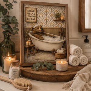 May include: A framed 3D wall art piece depicting a brown bear relaxing in a clawfoot bathtub filled with bubbles. The scene includes a sign that reads SOAK RELAX UNWIND REPEAT, a small stool, a basket of towels, and a shelf with a plant and candle.