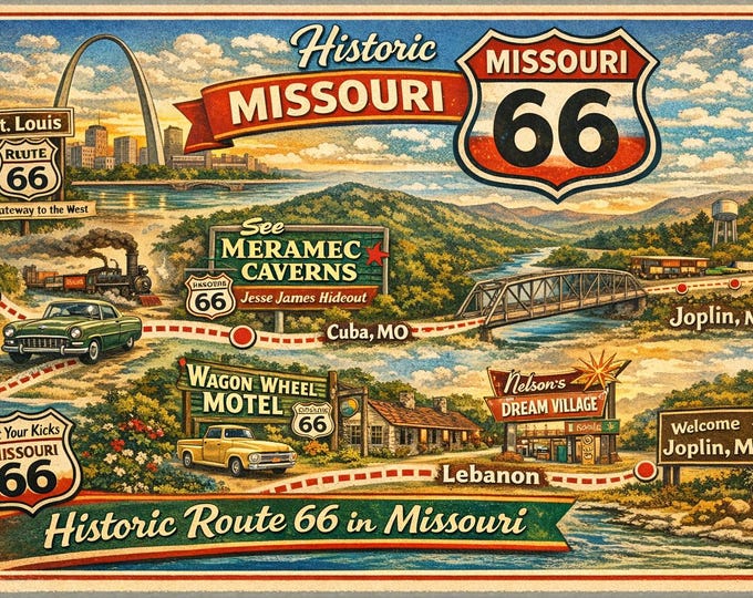 Route 66 Travel Map Digital Print Through Missouri From Joplin to St