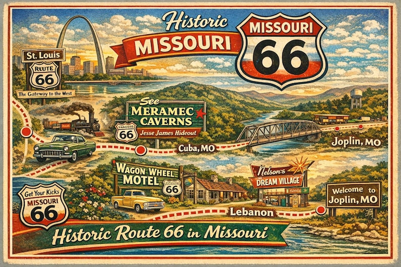 Route 66 Travel Map Digital Print Through Missouri From Joplin to St
