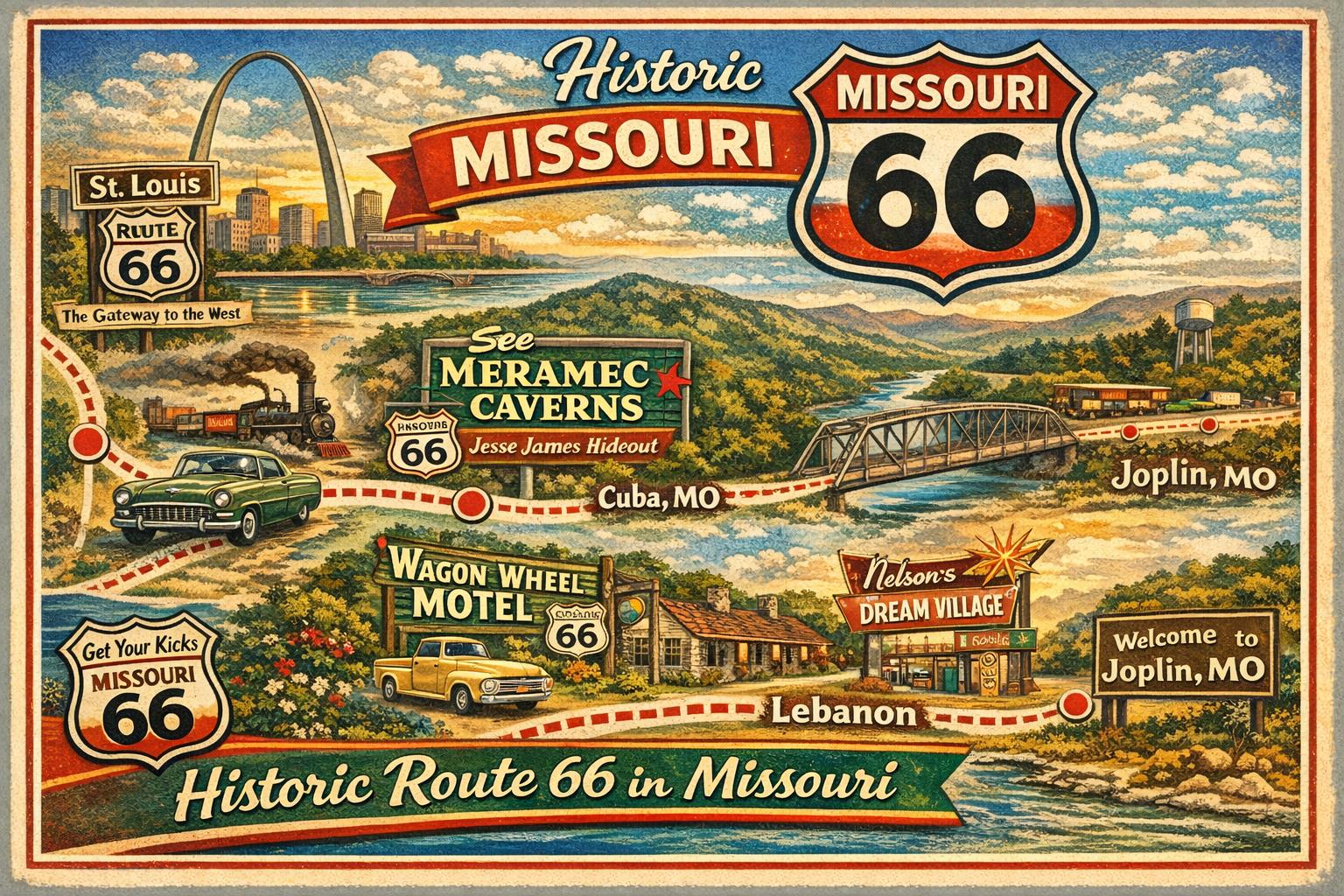 Route 66 Travel Map Digital Print Through Missouri From Joplin to St
