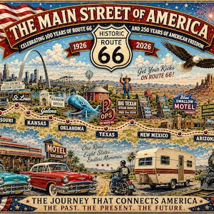 以下が含まれることがあります： 「The Main Street of America」「Historic Route 66」「1926-2026」「America 250」の文字が描かれたルート66の詳細なイラスト。地図、ヴィンテージカー、キャンピングカー、オートバイ、蒸気機関車、ランドマークが含まれています。