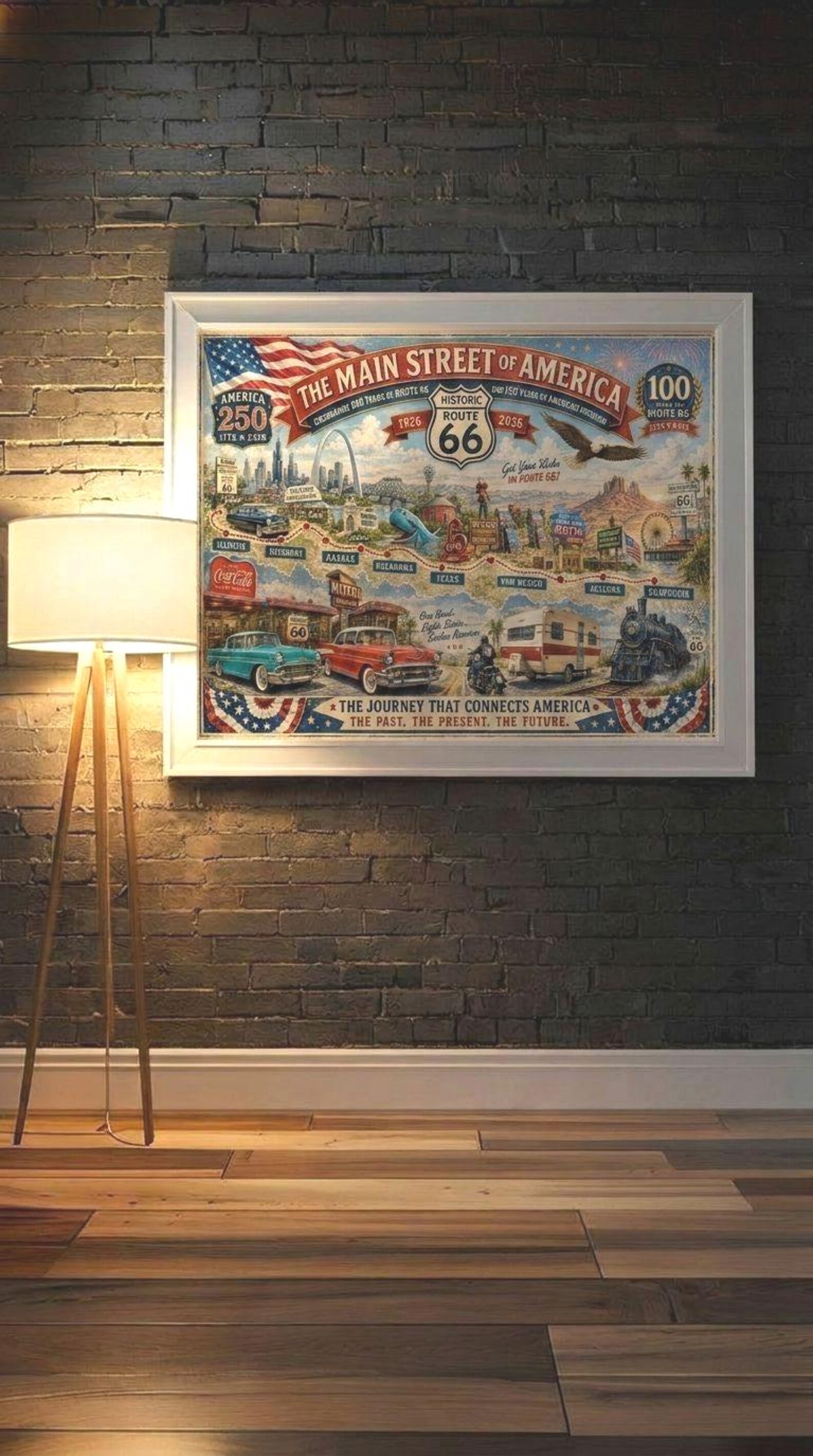 Route 66 Centennial Poster, Vintage Americana Travel Map, Historic Road ...