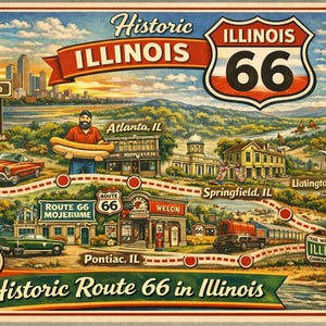 May include: Vintage-style map of Historic Route 66 in Illinois, featuring iconic landmarks and illustrations. Includes the Chicago skyline, classic cars, and the Route 66 shield. The text "Get Your Kicks" is also visible.
