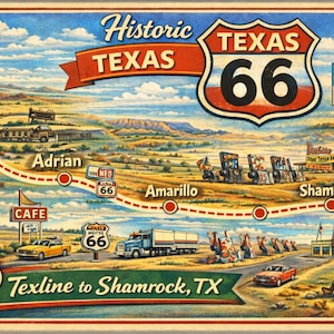 Mapa digital de la Ruta 66 a través de Texas desde Texline hasta Shammrock