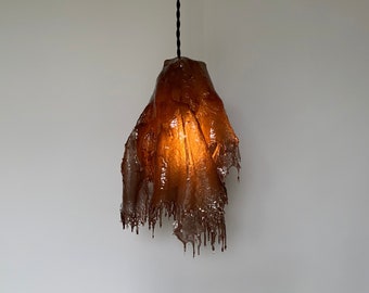 The ROCA lamp. Handmade one-of-a-kind, brown resin pendant sculptural lamp. Jellyfish melting drip resin. Home decor light fixture