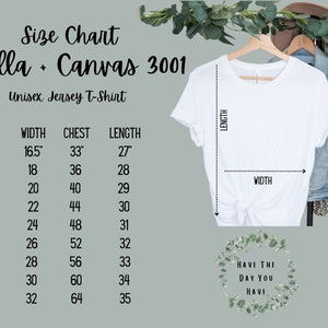 Tabla de tallas para camiseta Bella + Canvas 3001, tabla de tallas de camiseta para maquetas, tabla de tallas de camiseta para impresión bajo demanda