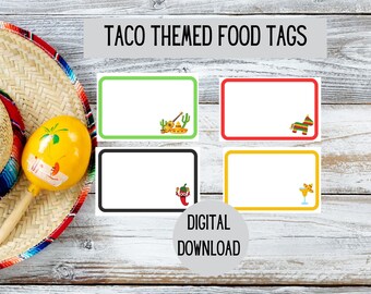 Etiquetas de comida para fiesta de tacos Etiquetas temáticas de tacos del Cinco de Mayo Etiquetas de comida mexicana Decoración de fiesta de tacos Ideas para el martes de tacos Exhibición de comida Taco Acerca de una fiesta
