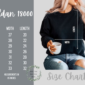 Tabla de tallas Gildan 18000 en pulgadas estadounidenses, sudadera Gildan 18000, tabla de tallas de sudadera Gildan 18000 para impresión bajo demanda, listado de tablas de tallas