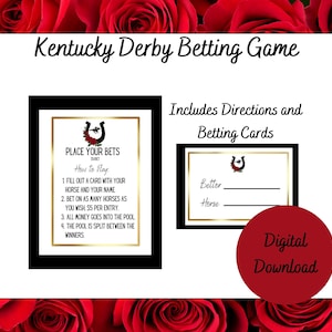 May include: A printable Kentucky Derby betting game with instructions and betting cards. The game features a horseshoe graphic and a red, white, and blue color scheme.
