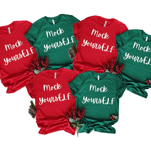 Christmas T-shirt Mock Up, Red and Green Shirt Mock up, Mock Up for Christmas Shirts, Holiday Themed Mock Up To Sale Shirts