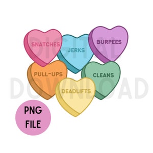 Puede incluir: Gráfico digital con seis caramelos en forma de corazón de varios colores, cada uno con un término de entrenamiento: Snatches, Jerks, Burpees, Cleans, Deadlifts y Pull-Ups. Un círculo rosa con "PNG FILE" está en la parte inferior izquierda.