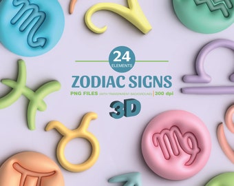 Clipart. cute zodiac signs, colorful horoscope signs. PNG. 3D style