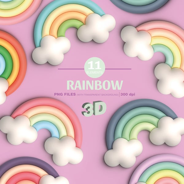 Clipart. Cute and adorable rainbows in different colors. 3D Style. PNG