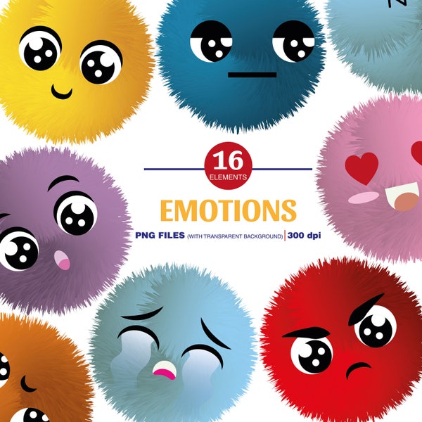 Clipart. plush balls with different emotions and colors. educational clip art
