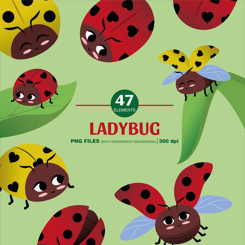 Clipart. Cute Red and Yellow Ladybugs. Ladybugs With Hearts Dots Etsy