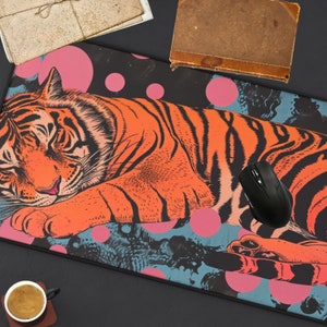 Tiger Risograph Desk Mat Gaming Aesthetic, XL Long Large Mouse Pad Office Accessories For Desk Top Gamer, Nature Cat Lover Pink Blue Decor