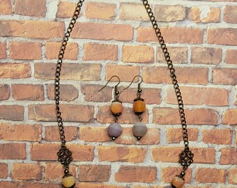 Purple and Orange Dragon Vein Agate Beaded Necklace with Earrings