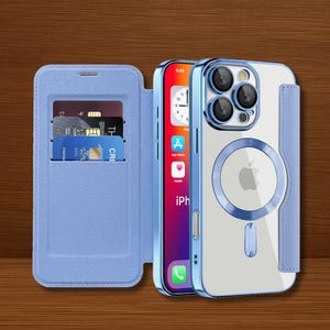 Funda de cuero tipo billetera para iPhone con tapa y ranura para tarjeta MagSafe transparente para 15, 14, 13, 12 y 11 Pro Max