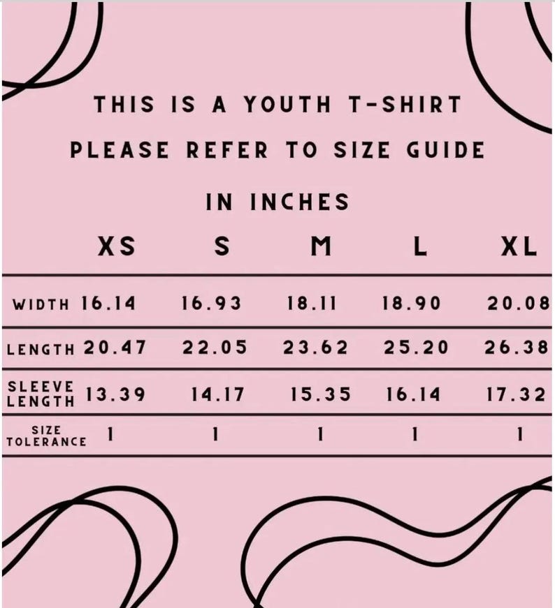 Op de afbeelding: Maattabel voor een jeugd T-shirt in inches. De tabel toont de breedte, lengte en mouwlengte voor de maten XS, S, M, L en XL.