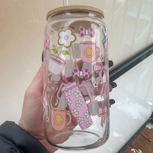 16oz Aesthetic Glass Cup with Bamboo Lid & Glass Straw - UV DTF Floral and Coffee Design - Eco-Friendly Tumbler w/ Straw Cleaner