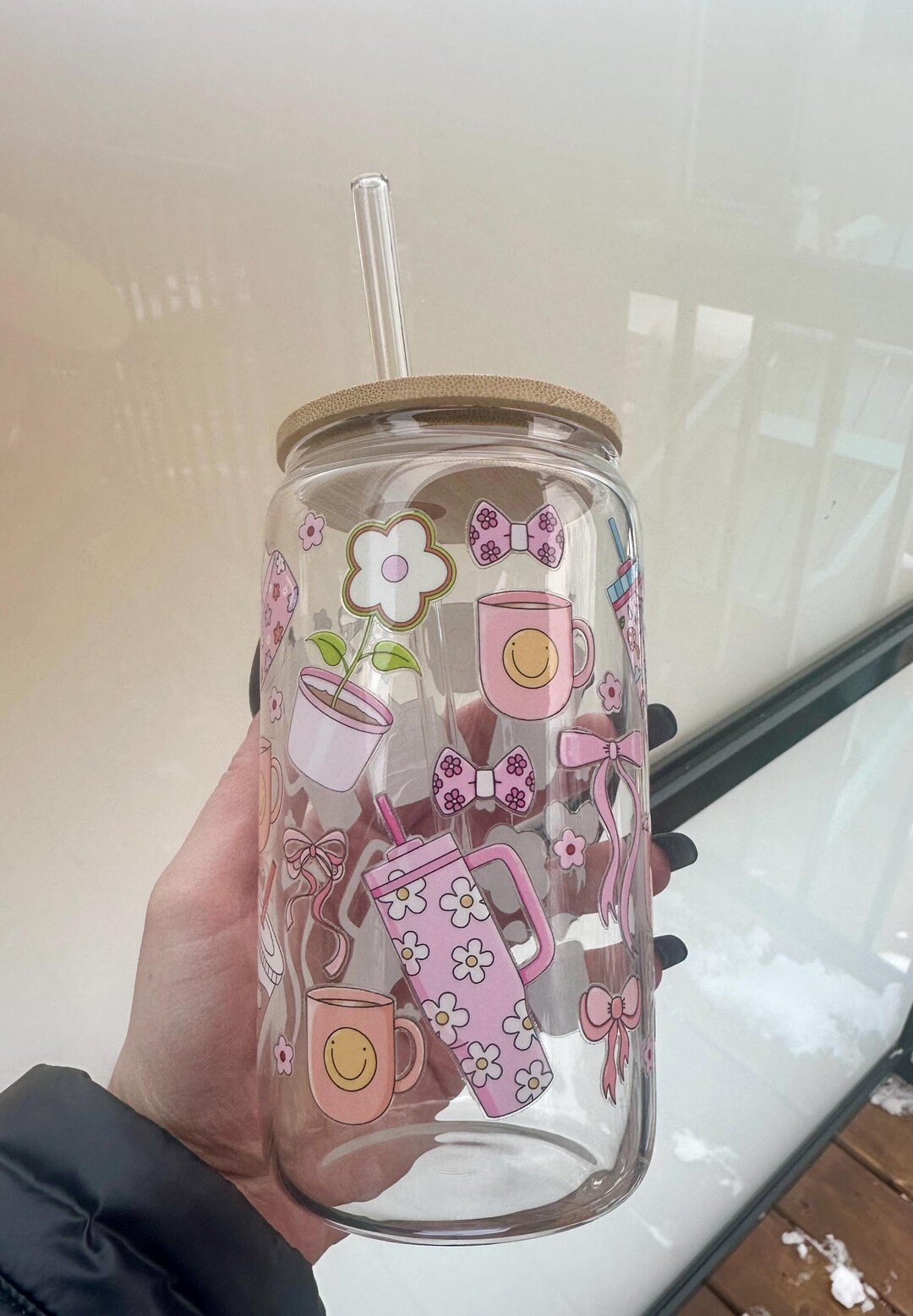 16oz Aesthetic Glass Cup With Bamboo Lid & Glass Straw - UV DTF Floral ...