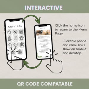 K&ouml;nnte beinhalten: Zwei Smartphones, die App-Oberfl&auml;chen anzeigen. Eines zeigt "Quick Links" mit Symbolen, das andere "Move-In" mit Text. Pfeile und Handillustrationen zeigen auf die Telefone. Der Text enth&auml;lt "Interactive" und "QR Code Compatable".