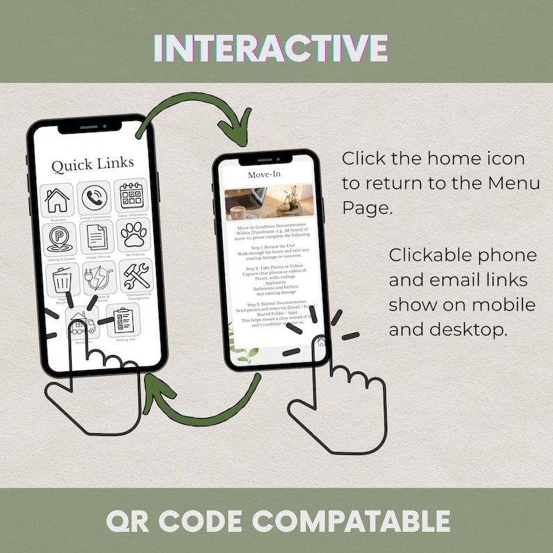 K&ouml;nnte beinhalten: Zwei Smartphones, die App-Oberfl&auml;chen anzeigen. Eines zeigt "Quick Links" mit Symbolen, das andere "Move-In" mit Text. Pfeile und Handillustrationen zeigen auf die Telefone. Der Text enth&auml;lt "Interactive" und "QR Code Compatable".