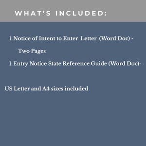 May include: A digital document set titled WHAT'S INCLUDED: listing a two-page Notice of Intent to Enter Letter in Word Doc format, an Entry Notice State Reference Guide in Word Doc format, with both US Letter and A4 sizes included in the files.