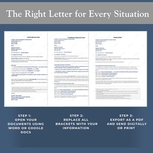 Pu&ograve; includere: Un documento con il testo "The Right Letter for Every Situation" in alto. Sotto ci sono tre lettere di esempio: Approvazione affitto, Approvazione condizionata e Rifiuto. Vengono fornite istruzioni: Apri i documenti, sostituisci le parentesi e esporta come PDF.