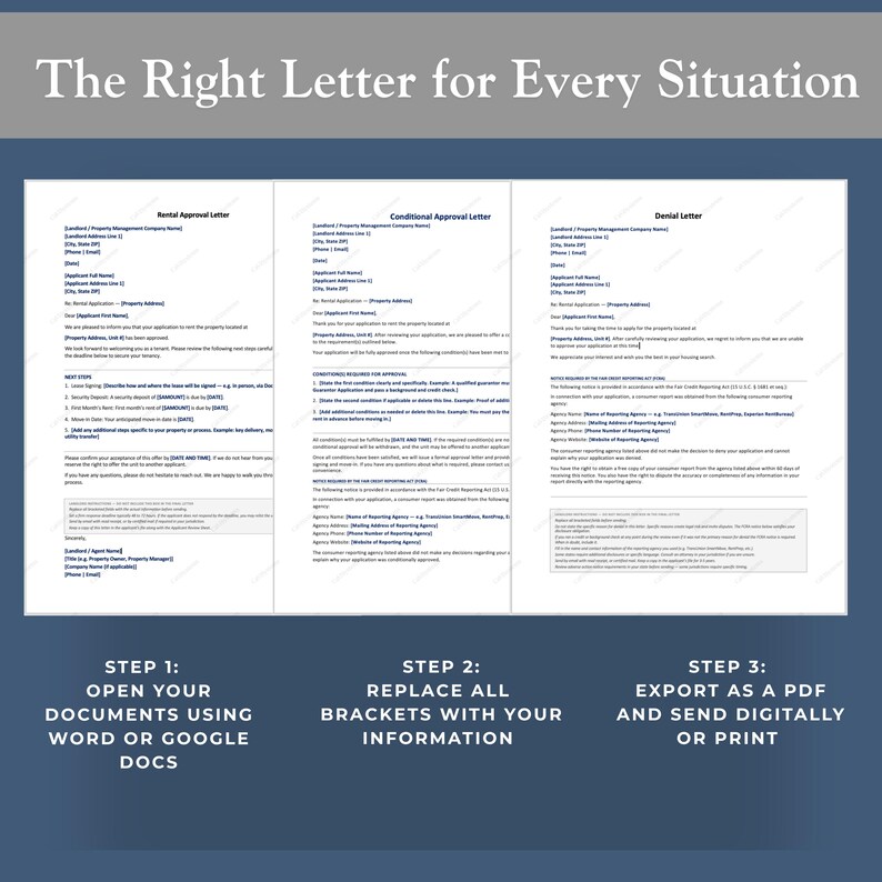 Pu&ograve; includere: Un documento con il testo "The Right Letter for Every Situation" in alto. Sotto ci sono tre lettere di esempio: Approvazione affitto, Approvazione condizionata e Rifiuto. Vengono fornite istruzioni: Apri i documenti, sostituisci le parentesi e esporta come PDF.