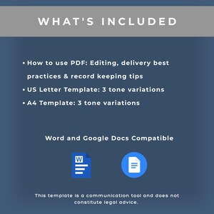 May include: A blue digital information graphic titled WHAT'S INCLUDED listing PDF editing tips, US Letter and A4 templates with three tone variations, and Word and Google Docs compatibility icons. Includes a disclaimer about legal advice.