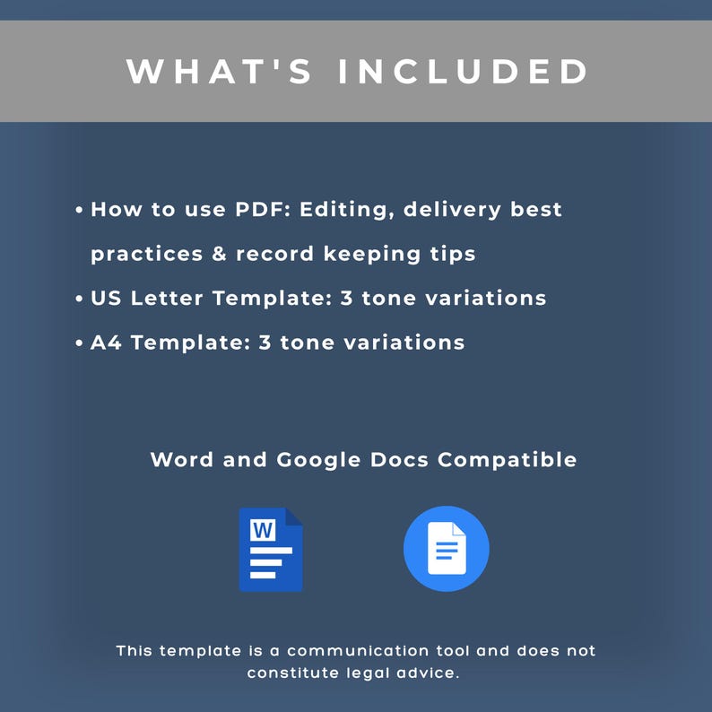 May include: A blue digital information graphic titled WHAT'S INCLUDED listing PDF editing tips, US Letter and A4 templates with three tone variations, and Word and Google Docs compatibility icons. Includes a disclaimer about legal advice.