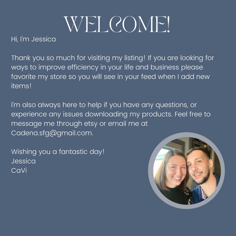 May include: A navy blue graphic with the word "WELCOME!" in white script. The text includes a welcome message, contact information, and a photo of two people. The email address is Cadena.sfg@gmail.com.