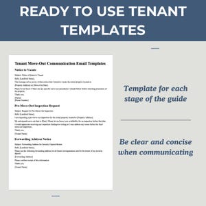 May include: A digital document titled Ready to Use Tenant Templates featuring Tenant Move-Out Communication Email Templates including Notice to Vacate, Pre-Move-Out Inspection Request, and Forwarding Address Notice with placeholders for property details.