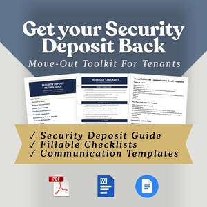 May include: A digital toolkit for tenants titled Get your Security Deposit Back, featuring a security deposit return guide, a move-out checklist, and tenant move-out communication email templates. Includes PDF, Word, and document file icons.