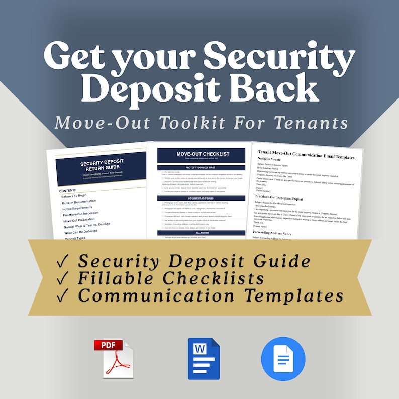 May include: A digital toolkit for tenants titled Get your Security Deposit Back, featuring a security deposit return guide, a move-out checklist, and tenant move-out communication email templates. Includes PDF, Word, and document file icons.
