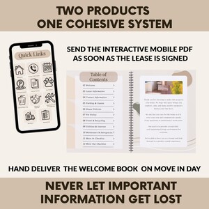 May include: An open notebook with a table of contents and a smartphone displaying quick links. The notebook has a beige cover and a spiral binding. The smartphone is black with a white screen. Text on the image includes "Two Products One Cohesive System."