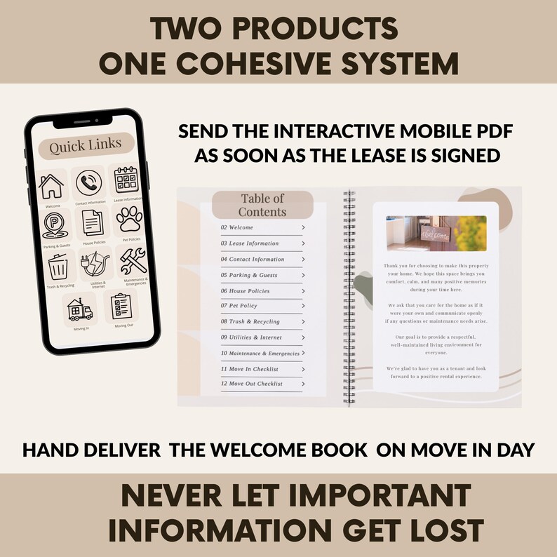 May include: An open notebook with a table of contents and a smartphone displaying quick links. The notebook has a beige cover and a spiral binding. The smartphone is black with a white screen. Text on the image includes "Two Products One Cohesive System."