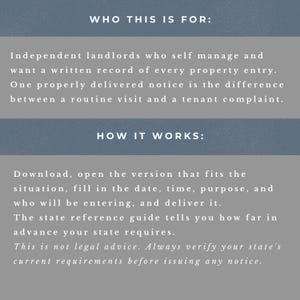 May include: A digital document with blue and gray sections containing text. The top section titled WHO THIS IS FOR explains the purpose for landlords. The bottom section titled HOW IT WORKS outlines the download, fill, and delivery process for notices.