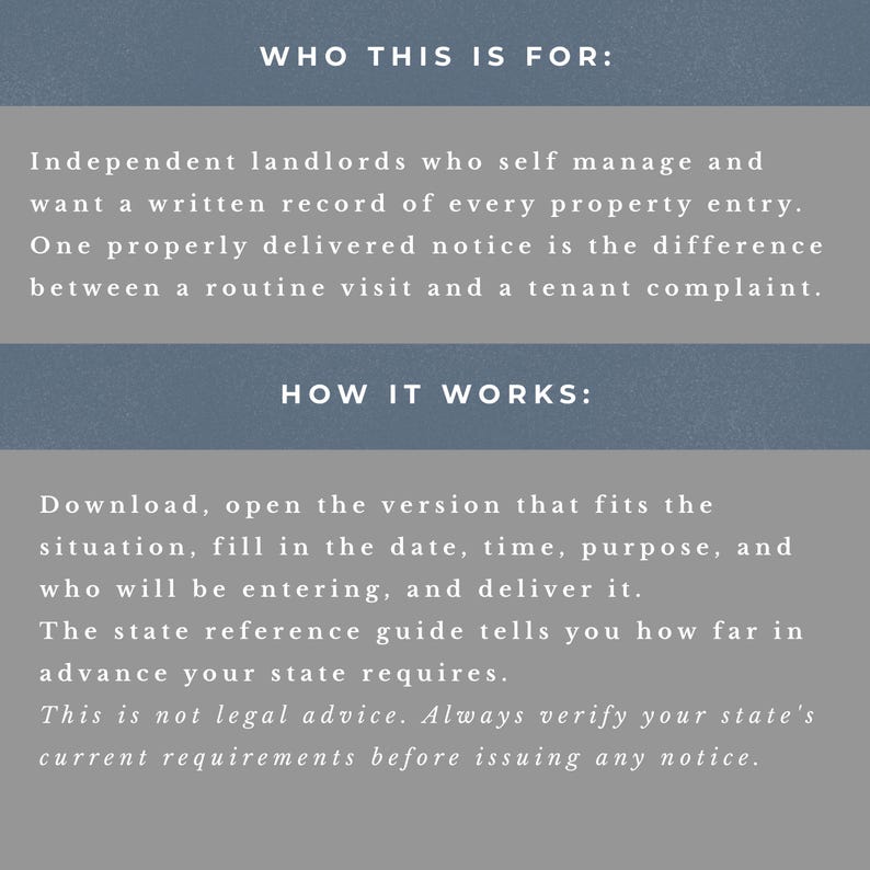 May include: A digital document with blue and gray sections containing text. The top section titled WHO THIS IS FOR explains the purpose for landlords. The bottom section titled HOW IT WORKS outlines the download, fill, and delivery process for notices.