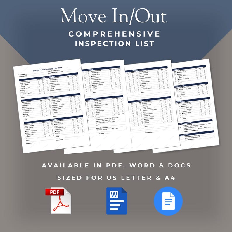 May include: A comprehensive move-in/move-out inspection list, available in PDF, Word, and Docs formats. The document is sized for US Letter and A4 paper. The title is displayed in a dark blue font.