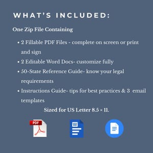 May include: A digital product description with the text "WHAT'S INCLUDED:" and a list of included items: fillable PDF files, editable Word documents, a 50-state reference guide, and an instructions guide. The size is US Letter 8.5 x 11.
