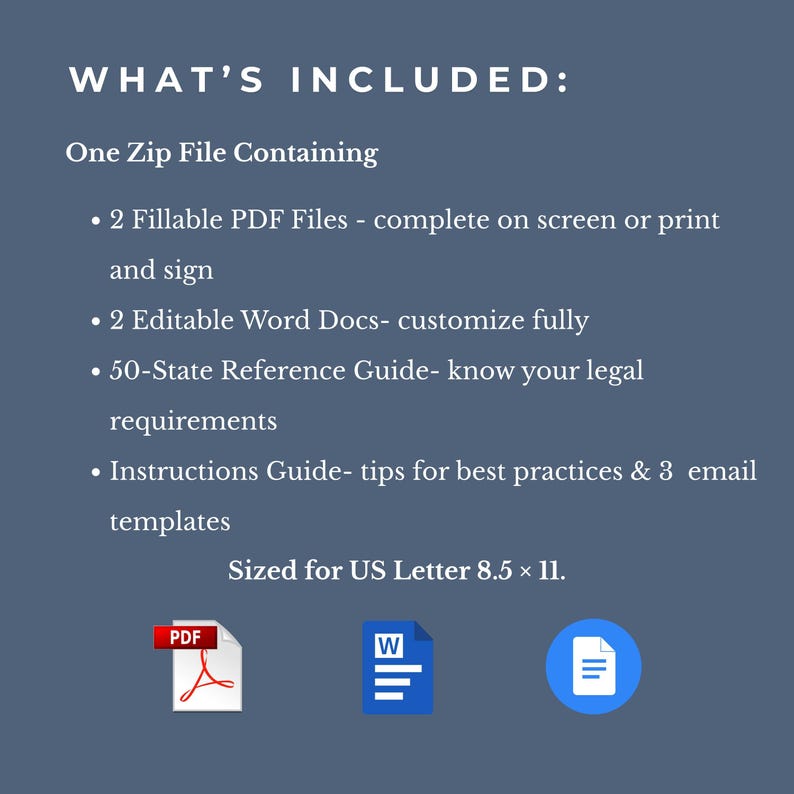 May include: A digital product description with the text "WHAT'S INCLUDED:" and a list of included items: fillable PDF files, editable Word documents, a 50-state reference guide, and an instructions guide. The size is US Letter 8.5 x 11.