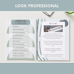 May include: Open notebook with a table of contents and a welcome message. The notebook's pages are white with a spiral binding. The text "LOOK PROFESSIONAL" is at the top. The table of contents includes sections like "Welcome" and "Lease Information".