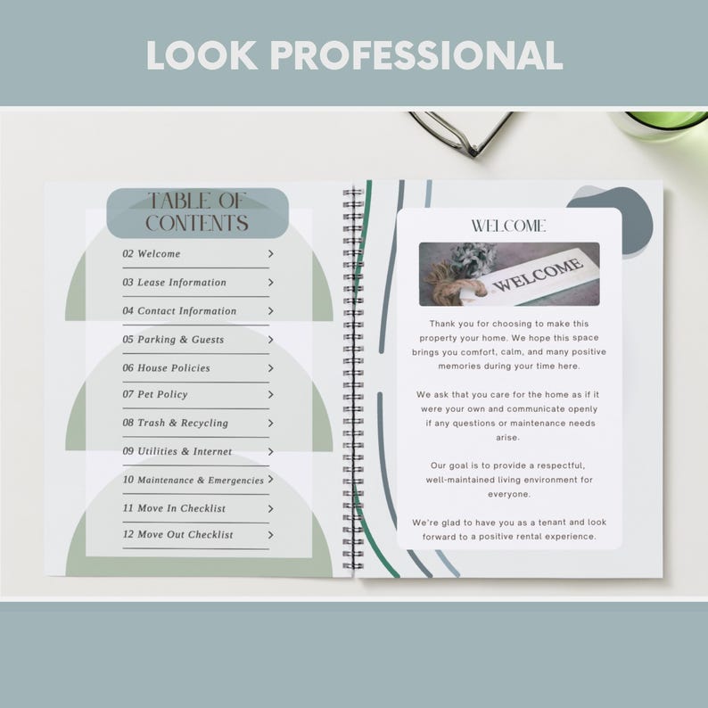 May include: Open notebook with a table of contents and a welcome message. The notebook's pages are white with a spiral binding. The text "LOOK PROFESSIONAL" is at the top. The table of contents includes sections like "Welcome" and "Lease Information".