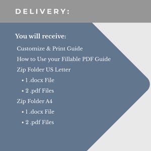 May include: Text on a gray and blue background reads "DELIVERY: You will receive: Customize & Print Guide, How to Use your Fillable PDF Guide, Zip Folder US Letter, 1 .docx File, 2 .pdf Files, Zip Folder A4, 1 .docx File, 2 .pdf Files."