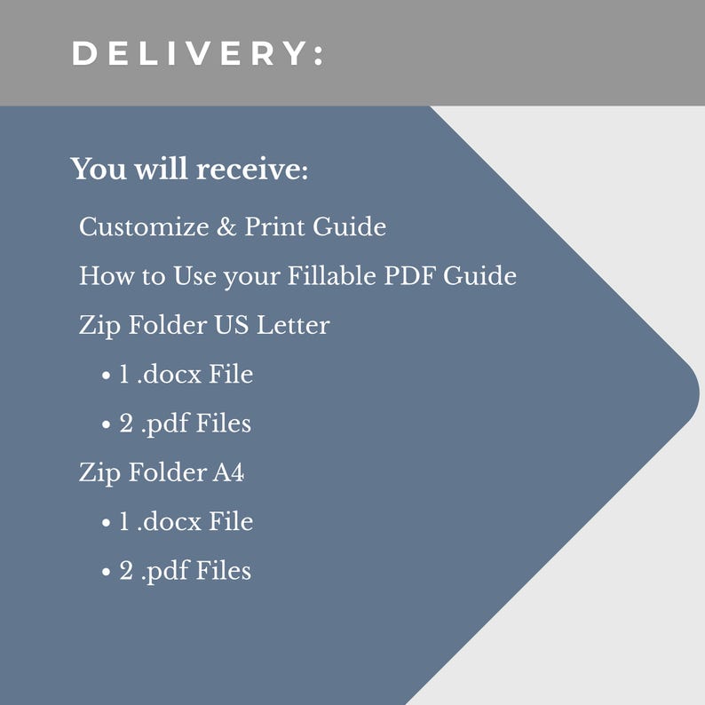 May include: Text on a gray and blue background reads "DELIVERY: You will receive: Customize & Print Guide, How to Use your Fillable PDF Guide, Zip Folder US Letter, 1 .docx File, 2 .pdf Files, Zip Folder A4, 1 .docx File, 2 .pdf Files."