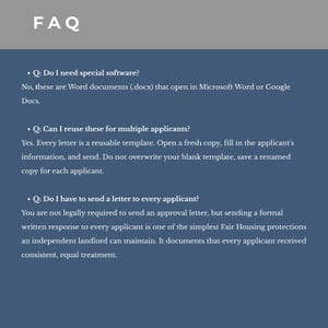 Pu&ograve; includere: Uno screenshot di un documento FAQ con sfondo blu scuro e testo bianco. Il documento risponde alle domande sull'utilizzo di documenti Word per pi&ugrave; candidati e sull'invio di lettere ai candidati.