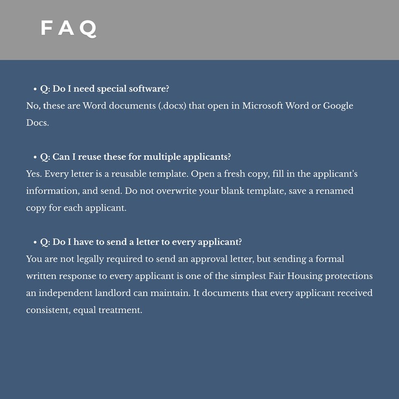Pu&ograve; includere: Uno screenshot di un documento FAQ con sfondo blu scuro e testo bianco. Il documento risponde alle domande sull'utilizzo di documenti Word per pi&ugrave; candidati e sull'invio di lettere ai candidati.