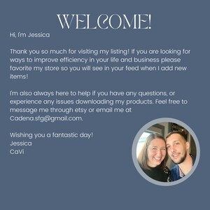 May include: A navy blue graphic with the word "WELCOME!" in white script. The text includes a welcome message, contact information, and a photo of two people. The email address is Cadena.sfg@gmail.com.